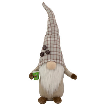 14" Beige Plaid Coffee Bean Gnome with Coffee Cup
