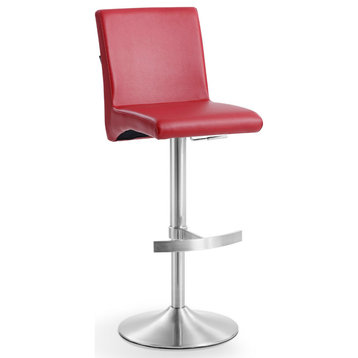 Coveteur Bar Stool Red Leatherette Brushed Stainless Steel Adjustable Base