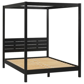 Solid Wood Minimalist Boho Queen Canopy Bed with Simple Headboard - Black