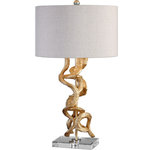 Uttermost - Twisted Vines Gold Table Lamp, Gold - Inspired From Real Twisted Vines, This Lamp Has A Bright Gold Leaf Finish Accented With A Thick Crystal Foot And Matching Finial. The Round Hardback Drum Shade Is An Oatmeal Linen Fabric.