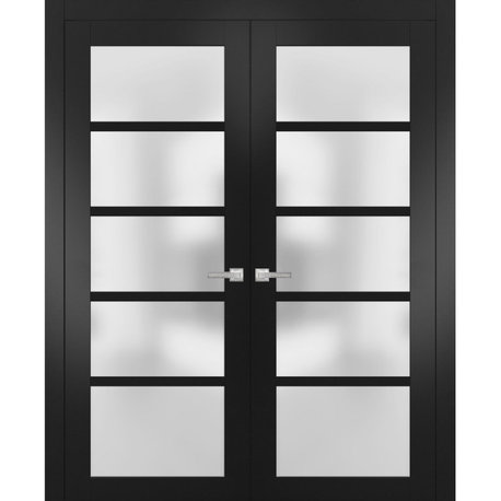 Interior French Double Doors Frosted Glass|Quadro 4002 Matte Black -64x80