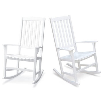 2 Pack Patio Rocking Chair, Mahogany Wood Frame and Slatted Seat, White
