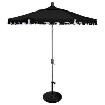 9' Gray Greek Key Patio Umbrella With Push Button Tilt and Tassels, Black