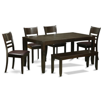 6-Piece Dining Set, Table With Leaf and 4 Chairs Plus Bench With Cushion
