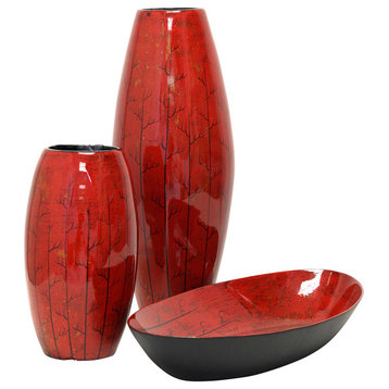 Two Vases with Bowl Decorative Accessory Group - Panela Red Finish - 3 Piece Set