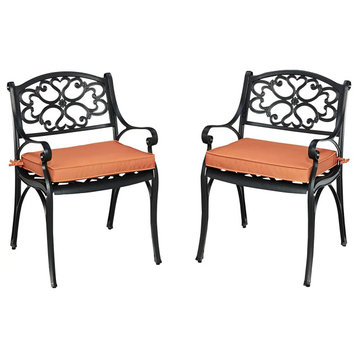 Set of 2 Outdoor Dining Chair, Cushioned Seat & Unique Scrolled Back, Black