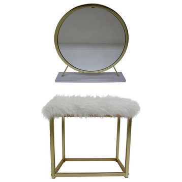 ACME Adao Vanity Mirror and Stool in White and Brass