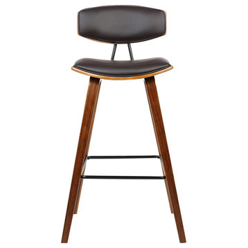 Haluk 30" Barstool, Brown Faux Leather With Walnut Wood