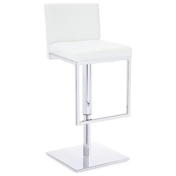 Bona Hydraulic Barstool, Soft White Leather Cover, Stainless Steel Frame