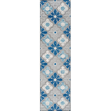 Cassis Ornate Ogee Trellis Indoor/Outdoor Area Rug, Light Gray/Blue, 2'x8'
