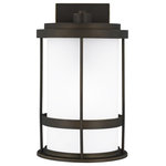 Generation Lighting - Generation Lighting 8690901D Wilburn 14" Tall Outdoor Wall Sconce - Antique - Features: Constructed from aluminum Includes a satin etched glass shade Requires (1) 60 watt maximum Medium (E26) bulb Dimmable with compatible dimming bulbs Intended for outdoor use Made in China ETL listed for installation in wet locations Meets California Title 24 energy standards Dimensions: Height: 13-1/2" Width: 8" Extension: 9-3/8" Product Weight: 4.51lbs Wire Length: 6-1/2" Shade Height: 10-3/8" Shade Width: 5-7/8" Electrical Specifications: Max Wattage: 60 watts Number of Bulbs: 1 Max Watts Per Bulb: 60 watts Bulb Base: Medium (E26) Voltage: 120 Bulb Included: No