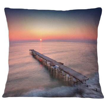 Long Exposure Sea and Shore Sea Bridge Throw Pillow, 18"x18"