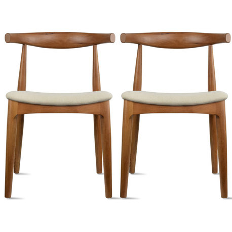 Set of 2 Modern Wooden Elbow Dining Chairs With PU Leather or Beige Fabric Seat, Espresso Beige Seat (Unassembled)