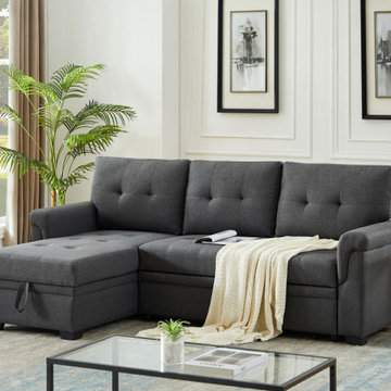 Lucca 84" Linen Reversible Sleeper Sectional Sofa with Storage Chaise