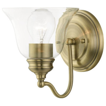 1 Light 8" Tall Wall Sconce, Antique Brass With Hand Blown Clear Glass