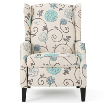 Corbin Fabric Recliner, Set of 2, White With Blue Floral and Dark Brown