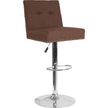 Ravello Contemporary Adjustable Height Barstool,Accent Nail Trim in Brown Fabric