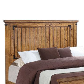 Benzara BM216160 Queen Size Bed with Plank Detailing and Metal Accents, Brown