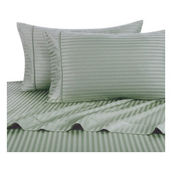 Royal Tradition - 650 TC Striped Cotton Blend Sheet Set, Sage, Olympic Queen - Sheet And Pillowcase Sets