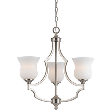 60W Barrie Metal 3 Light Chandelier, Brushed Steel Finish, Frosted White
