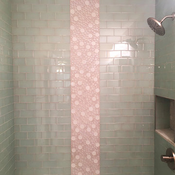 Bath with Seafoam Glass Subway Tiles and Bubbles!