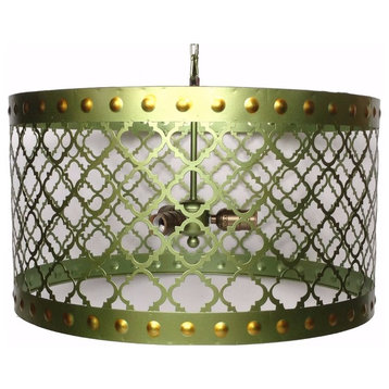 Benzara BM154192 Elegant Drum Shaped Metal Chandelier With Bulb Holders, Green