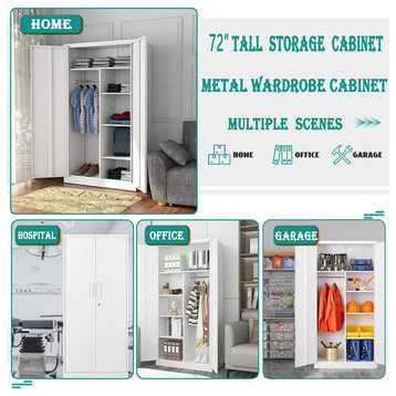 Metal Storage Cabinets Locker, 72" Steel Storage Freestanding Wardrobe, White, 182.8*90*45cm