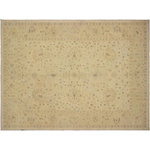 Bareens Designer Rugs - Shabby Chic Ziegler Bryanna Tan Hand-Knotted Wool Rug - 9'0'' x 12'1'' - Enhance the ambiance of your home with this magnificent Persian-influenced Turkish hand-knotted rug made by skilled artisans capable of creating the most exceptional vegetable dyes and hand-spun wool. This exquisite handmade rug is a one-of-a-kind Peshawar Kafkaz, otherwise identified as Chobi, Chobi Peshawar, Oushak, or Ziegler rug. These handmade rugs are crafted in Pakistan utilizing superior-quality wool imported from Australia, New Zealand, and Korea in two types of weaves: the Persian weave and the Mori weave. This rug is meticulously crafted by hand using the finest natural vegetable dyes extracted from local plants. The artisans use a blend of hand-spun local and fine merino wool, resulting in a rug with a compelling texture, higher lanolin content, and longer staple. The artisans occasionally incorporate natural or artificial silk into the pile to enhance specific motifs. The finished product is an awe-inspiring execution of flawless design and an understated palette that exudes elegance.