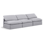Meridian Furniture - Indulge Upholstered Modular Sofa, Grey, 3-Piece: 3 Armless Chair, Down Stuffed Linen Textured Fabric - Experience ultimate comfort and style with our grey linen textured fabric Indulge Sofa. The luxurious linen texture of the fabric will elevate the aesthetic of any room. This sofa provides ample space for you to relax while its modular build offers the option of unlimited configurations. Whether you're looking to add a stylish element to your living room or a comfortable seating option to your bedroom, this sofa is the perfect choice.