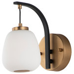 ET2 Lighting - Soji LED Wall Sconce - Inspired by Japanese lanterns, this soft contemporary collection features Satin White glass shades of various shapes and sizes mounted on metal frames finished in a dramatic two-tone Gold with Black accents.
