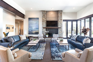 Family room - large transitional open concept porcelain tile and brown floor family room idea in Sacramento with white walls, a stone fireplace, a wall-mounted tv and a ribbon fireplace