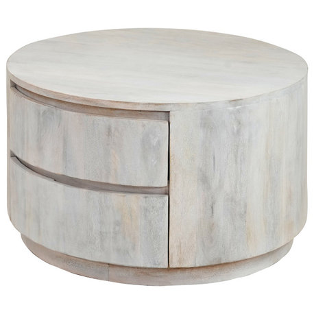 Christa 2-Drawer 30" Round Coffee Table, Whitewash