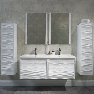Floating Bathroom Vanity Set, Glossy White, 48" With Sink, Mirror & Side Cabinets