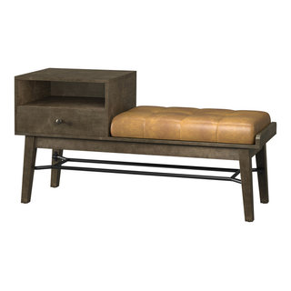 46 Mid Century Storage Bench with Cushion , Acorn/Tan