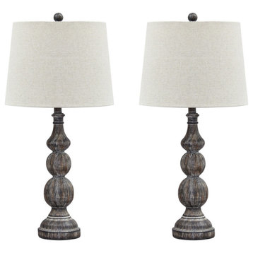 Benzara BM230958 Table Lamp With Turned Base, Set of 2, Brown and Off White