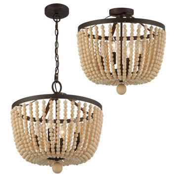 Rylee 4-Light Ceiling Light in Forged Bronze with Natural Wood Beads Crystals