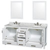 Sheffield 72" White Double Vanity, Carrera Marble Top and Undermount Oval Sink