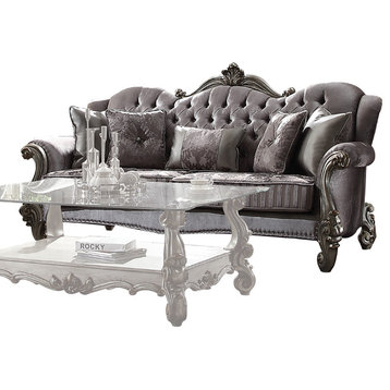 ACME Versailles Sofa with 5 Pillows, Velvet and Antique Platinum