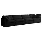 Meridian Furniture - Plush Velvet / Down Standard Comfort Modular Sofa, Black, 4-Piece: 2 Armless Chair, 2 Corner Chair - No matter how big or little the size of your gang, they can all find their sweet spot when you choose pieces from the Plush collection to build your ideal seating group. Choose this individual Plush piece or pair multiple pieces together to get the custom look everyone will love. The soft black velvet material is soft and welcoming to the touch, and the set's cushions are overstuffed with a down and feather blend to provide ample support for tired bodies.