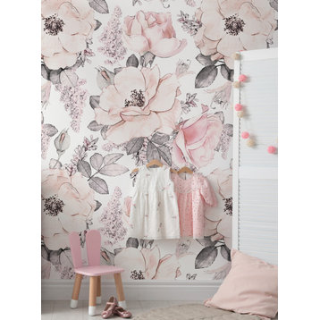 Blush Flower Mural Peel and Stick Vinyl Wallpaper, Pink, 24"w X 108"h, 6 Sheet Set
