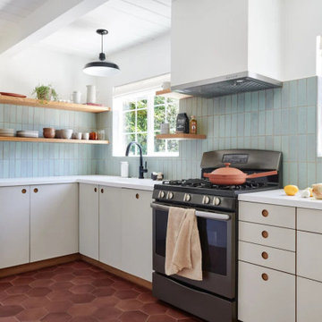 San Gabriel Brick Backsplash with Antique Tile Floor