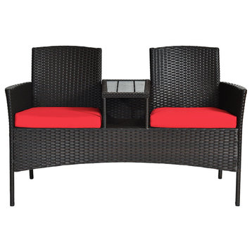 Costway Patio Rattan Loveseat Sofa Cushioned Coffee Table Red