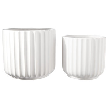 Round Ceramic Pot with Vertical Ribbed Design Matte White Finish, Set of 2