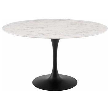 Modern Room Round Dining Table, Artificial Marble Stone Metal, Black White