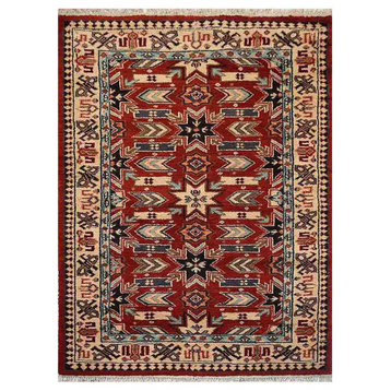 Hand Knotted Afghan Silk And Wool 3'x5' Area Rug Oriental Red Cream AF0107