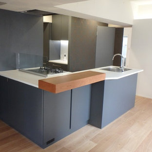 Mid-sized contemporary kitchen pantry ideas - Kitchen pantry - mid-sized contemporary l-shaped plywood floor kitchen pantry idea in Tokyo with an undermount sink, flat-panel cabinets, gray cabinets, solid surface countertops, gray backsplash and stainless steel appliances