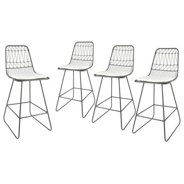Ella Outdoor Wire Counter Stools with Cushions, Set of 4, Gray Finish, Ivory