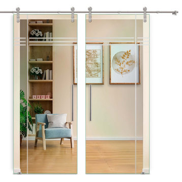 Double Sliding Barn Glass Door with Frosted Design, V1000, Non-Private, 2x34"x84