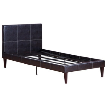 Enticing Twin Bed,Faux Leather With 12 Slats , Espresso,Brown