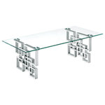 Meridian Furniture - Alexis Chrome Coffee Table - Enjoy a contemporary look in your living room or den with this stylishly elegant Alexis chrome coffee table. This Meridian Furniture table is made from glass and metal for a sleek, modish look. The base features a geometric design with intertwined squares that form two pedestals. The top is crafted from thick, clear glass that allows the beauty of the base to shine through completely. A chromed finish shores up the design, adding to its up-to-the-minute feel.